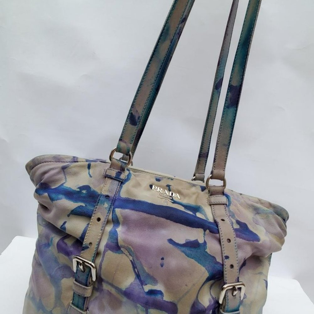 Prada Leather purse hobo tote bag tie dyed XL gray blue purple limited edition - Picture 10 of 16